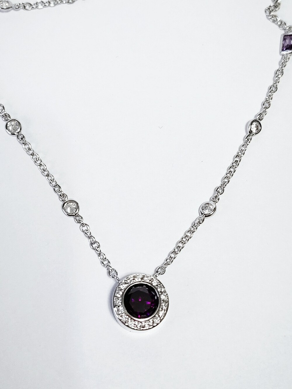 Sterling Silver Amethyst cz Pendant Stationery Necklace 16" - Picture 5 of 9